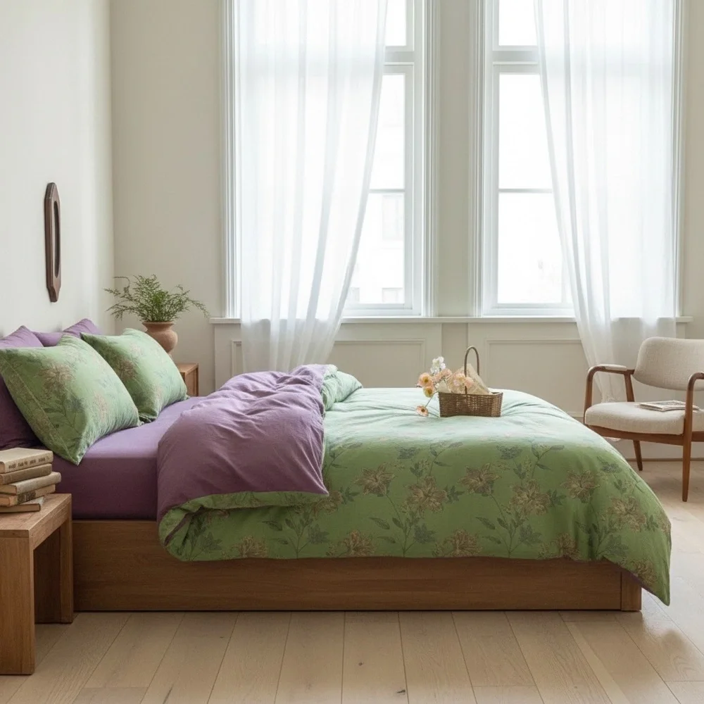 NEW Anthro Green Purple Floral Linen Boho Queen / King Bedding Duvet & Sham Set